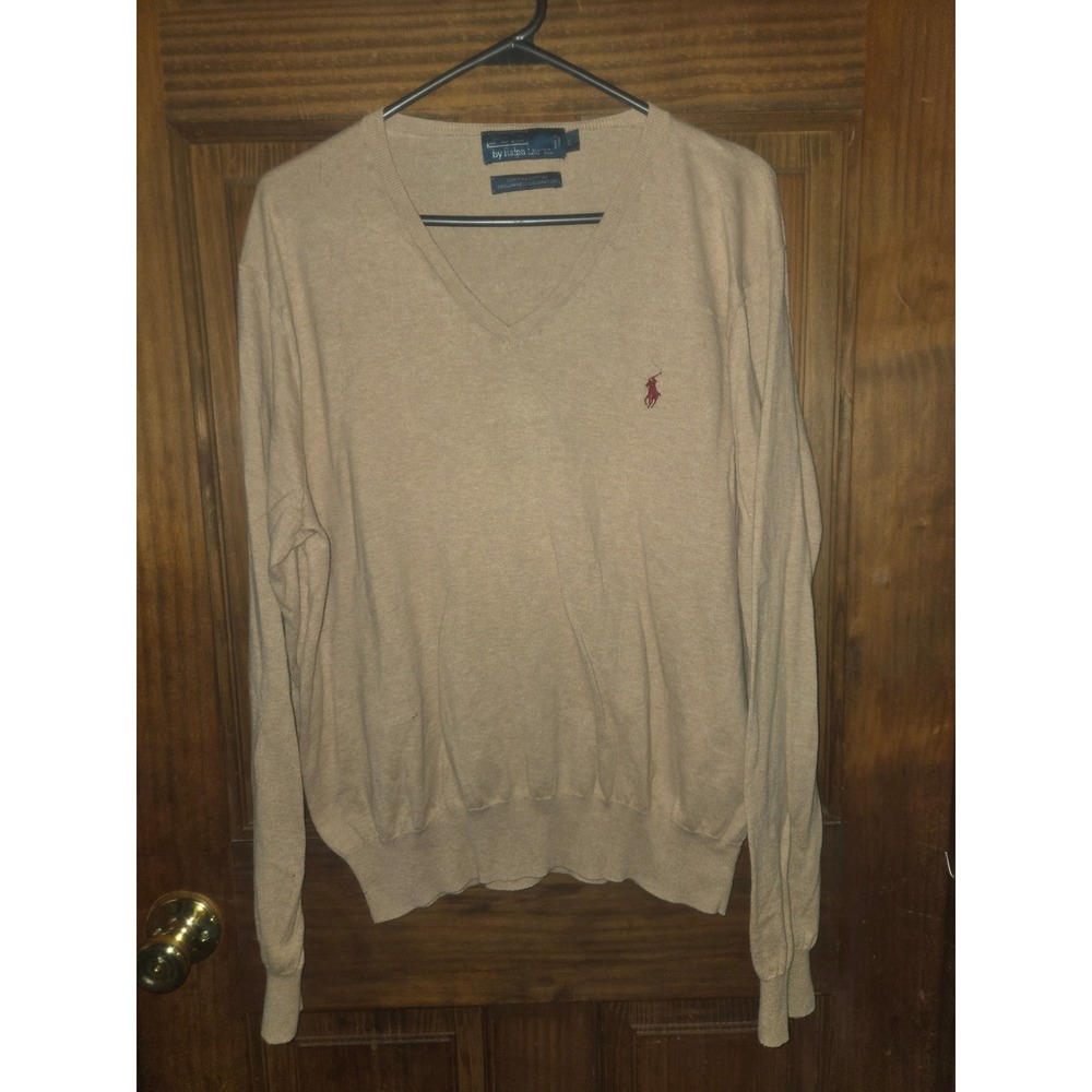 Polo‎ Ralph Lauren Mens Tan Pima Cotton V-Neck Sweater Beige Large Pony Logo